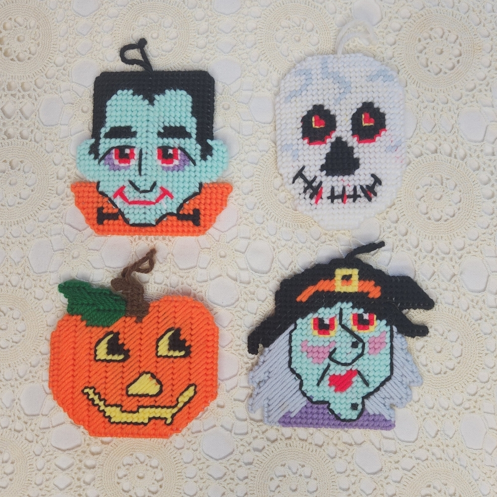 Vintage Halloween Plastic Canvas Hanging Decorations Character Set